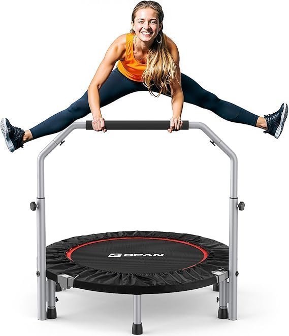 61I4t-HbCaL._AC_SX569_.jpg BCAN SP2 40/48″ Foldable Mini Trampoline Max Load 330lbs/440lbs, Fitness Rebounder with Adjustable Foam Handle, Exercise Trampoline for Adults Indoor/Garden Workout | FED Fitness - Image 1
