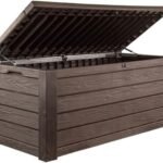 Keter Westwood 150 Gallon Deck Box Organizer, Doubles as 2-Person Bench Seat, Brown – Large Resin Outdoor Storage and Seating with Lockable Lid for Garden, Pool, and Patio