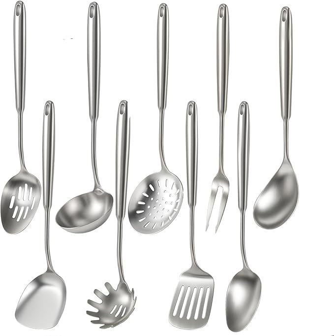 61MyBO67H-L._AC_SX679_.jpg Newness 9 Pcs Cooking Utensils Set, 304 Stainless Steel Kitchen Utensils Set, Metal Kitchen Accessories, Include Soup Ladle, Slotted Skimmer Spoon, Spaghetti Spoon and Spatula, Dishwasher Safe - Image 1