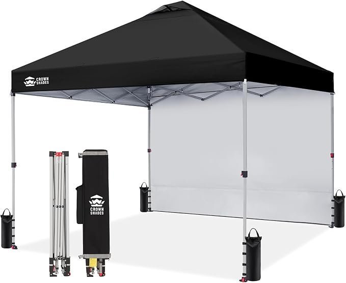 61ZDFuA1X2L._AC_SX679_.jpg CROWN SHADES 10×10 Pop Up Canopy with 1 Side Wall – Beach Tent with One Push Setup – Outdoor Sun Shade for Events, Parties, Camping – Gazebo with STO-N-Go Cover Bag (Black) - Image 1
