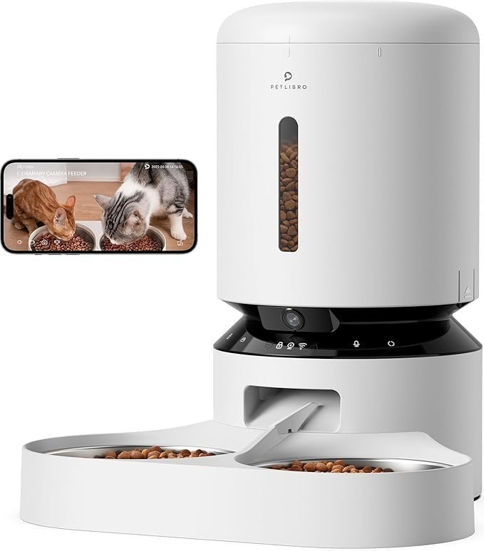 61t1Rhe008L._AC_SX679_.jpg PETLIBRO Automatic Cat Feeder with Camera for Two Cats, 1080P HD Video with Night Vision, 5G WiFi Pet Feeder with Phone APP Control, 2-Way Audio for Cat & Dog, Low Food & Motion & Sound Alerts - Image 1