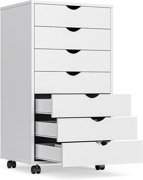 61ylTSj89KL._AC_SX569_.jpg OLIXIS 7 Drawer Mobile File Cabinet Under Desk Storage Organization with Wheels Vertical Filing Chest Rolling Wood Small Desk Printer Stand for Home Office, 15.75″D x 18.74″W x 34.25″H, White - Image 1