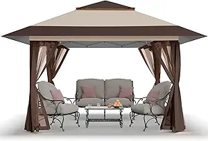 61zFv3mOz4L._AC_SY300_SX300_QL70_FMwebp_.webp CROWN SHADES 13×13 Pop Up Gazebo, Canopy Tent, Gazebos on Clearance – Outdoor Gazebo for Backyard & Patio Furniture – Carpa Pop Up Tent with Wheeled STO-N-Go Cover Bag (Beige & Coffee) - Image 1
