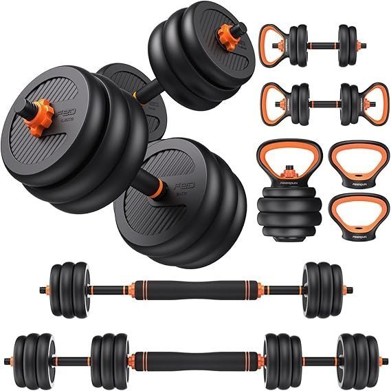 71BE37ZZfLL._AC_SX569_.jpg FEIERDUN DS2 Adjustable Dumbbells, 20/30/40/45/70/90lbs Free Weight Set with Connector, 5 in1 Dumbbells Set Used as Barbell, Kettlebells, Push up Stand, Weight Plate, Fitness Exercises for Home Gym Suitable Men/Women - Image 1