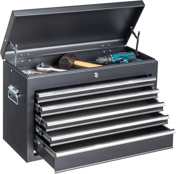 71IiAlcLZJL._AC_SX569_.jpg Winado 24″ Portable Metal Tool Box, 5 Drawers Toolbox with Top Storage Tray, Carry Handle, Ball Bearing Runners, Lockable Tool Chest Cabinet for Garage, Warehouse, Repair Shop & Home, Black - Image 1