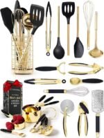 Black and Gold Kitchen Utensils Set – 23-Piece Luxury Kitchen Accessories Includes Gold Measuring Cups, Spoons, Silicone Cooking Utensils and Tools for Baking, Cooking, and Stylish Kitchen Decor