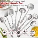 Newness 9 Pcs Cooking Utensils Set, 304 Stainless Steel Kitchen Utensils Set, Metal Kitchen Accessories, Include Soup Ladle, Slotted Skimmer Spoon, Spaghetti Spoon and Spatula, Dishwasher Safe - Image 4