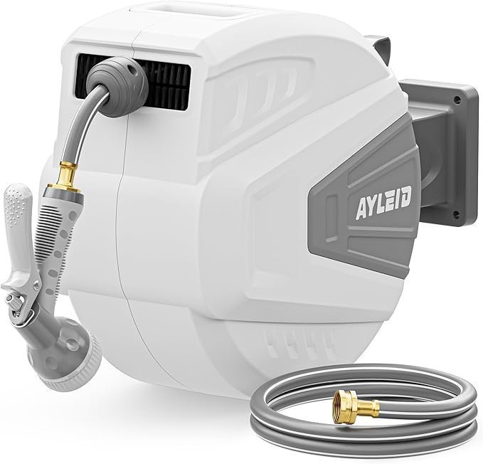71gX1w6I4yL._AC_SX679_.jpg Ayleid Retractable Garden Hose Reel,1/2 in x 100 ft Wall Mounted Hose Reel, with 9- Function Sprayer Nozzle, Any Length Lock/Slow Return System/Wall Mounted/180°Swivel Bracket (Gray) - Image 1