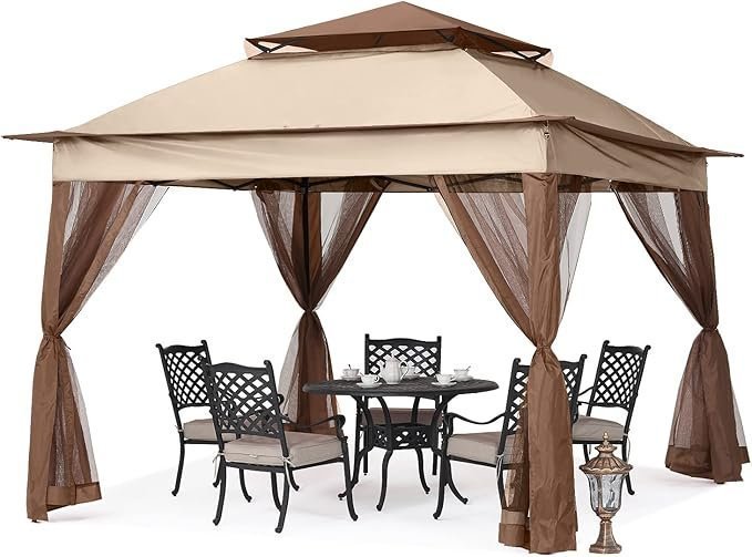 71r558oluUL._AC_SX679_.jpg MASTERCANOPY Patio Gazebo Outdoor Pop Up Gazebo with Mesh Walls (11×11,Champagne) - Image 1