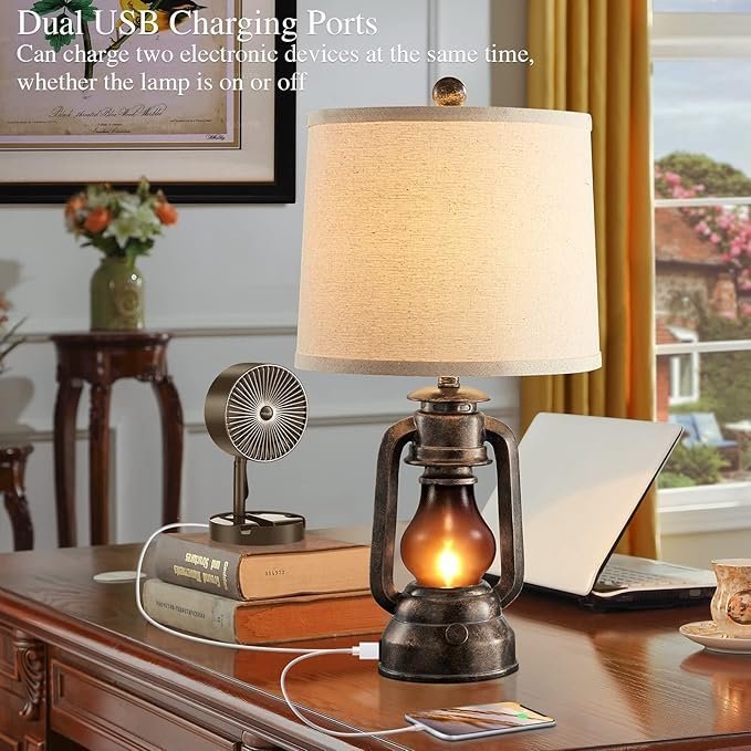 819hZat95NL._AC_SX679_.jpg RORIANO Farmhouse Lantern Table Lamps for Living Room Set of 2, Vintage Bedroom Resin Lamp with Dual USB Charging Ports, Rustic Retro Bedside Nightstand Desk Lamp, 4 Bulb Included - Image 1