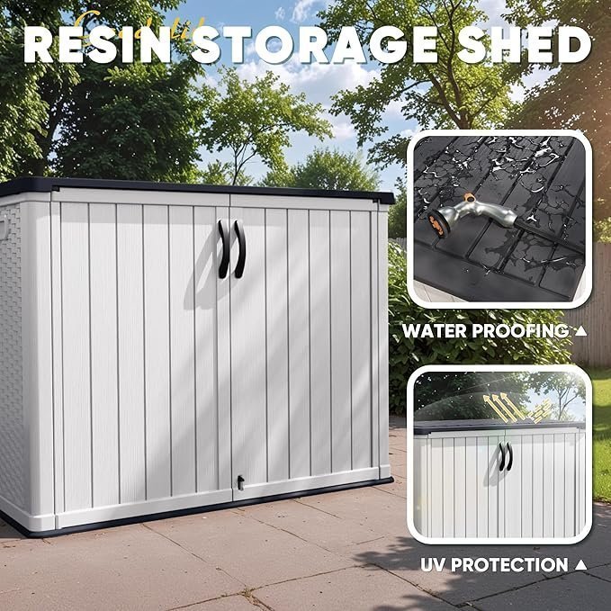 81AAvORzDFL._AC_SX679_.jpg Devoko Outdoor Storage Cabinet 26 Cu Ft with Lockable Doors, Horizontal Storage Shed Waterproof Patio Tools Storage Box for Sofa Cushions, Gardening Tools and Accessories (White) - Image 1