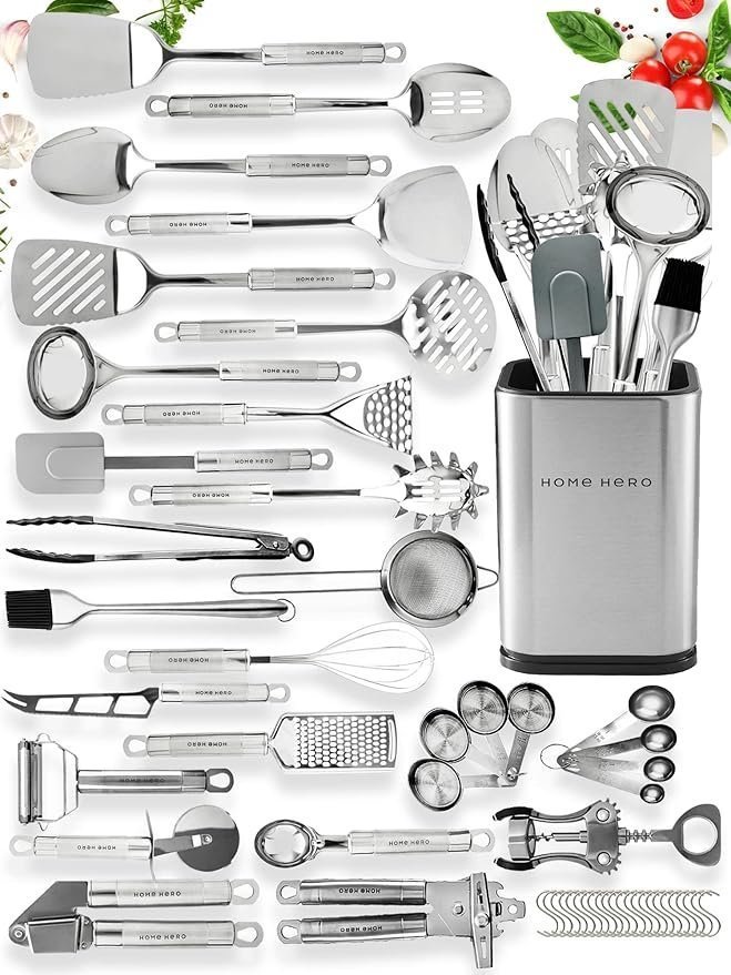 81Im3uC5HBL._AC_SY879_.jpg Home Hero 54-Piece Stainless Steel Kitchen Utensils Set – Heat-Resistant Nonstick Silicone & Stainless Steel Cooking Utensils – Complete Tools with Slotted Spoon & Pasta Spoon – Pack of 54, Silver - Image 1