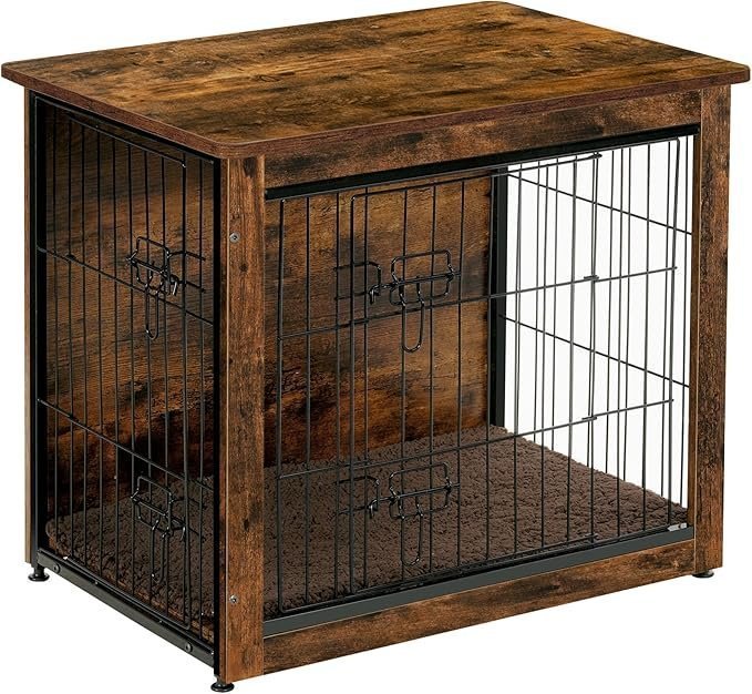 81M6TatVFDL._AC_SX679_.jpg DWANTON Dog Crate Furniture with Cushion, Wooden Kennel Table with Double Doors, Indoor Dog House, Small/Medium/Large/Extra Large Size, 27.2″ L, Rustic Brown - Image 1