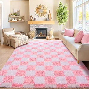 81MQ9UlFqCL._AC_SY300_SX300_QL70_FMwebp_-1.webp Area Rugs for Living Room Bedroom 9×12, Ultra Fluffy Shag Checkered Rug Modern Washable Carpet Soft Shaggy Non Slip Indoor Plush Fuzzy Rugs for Bedroom Dorm Office Home Aesthetic Decor, Pink and White - Image 1