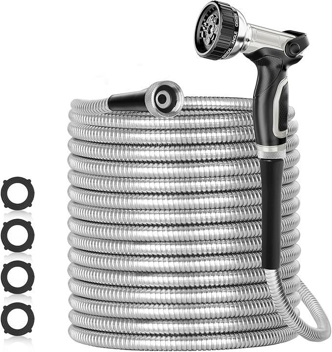 81PsVOrCmzL._AC_SX679_.jpg SPECILITE 200ft 304 Stainless Steel Garden Hose Metal, Heavy Duty Water Pipe with Nozzles for Yard, Outdoor – Flexible, Never Kink & Tangle, Puncture Resistant (Sliver) - Image 1