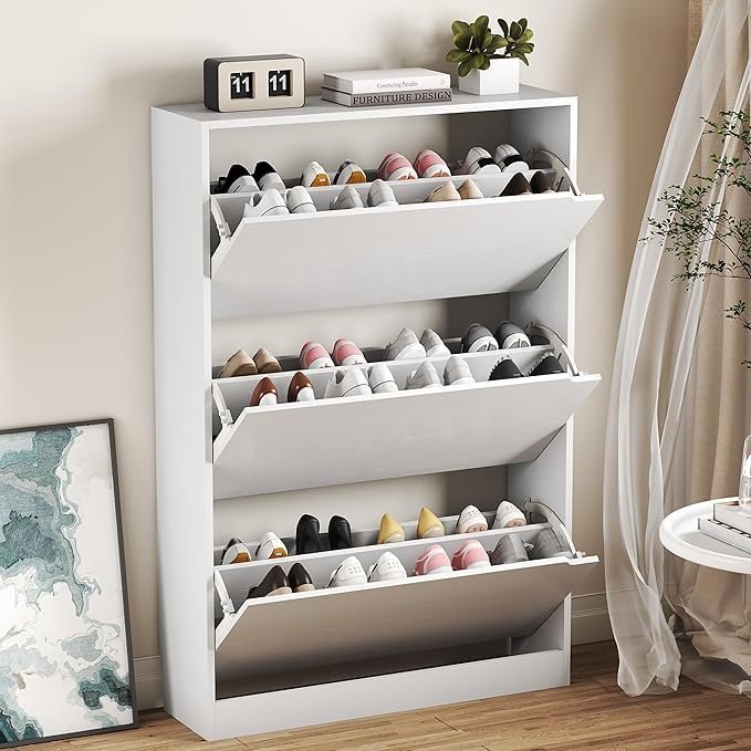 81VTv0IokkL._AC_SX679_.jpg BORNOON Shoe Cabinet with 3 Flip Drawers, Hidden Wood Shoe Cabinet,Freestanding Shoe Storage Cabinet for Entryway Hallway.White. 47.2″ H*31.5″ W*9.45″ D. - Image 1