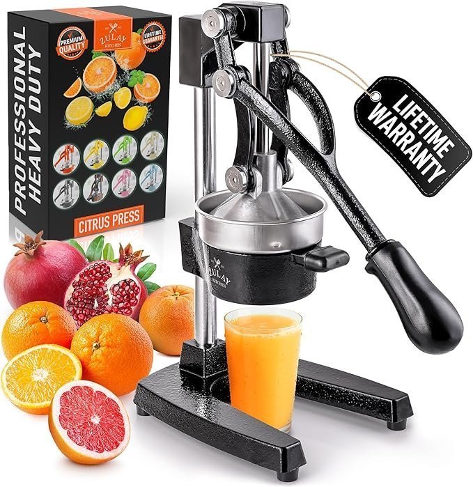 81ihjGtzHKL._AC_SX679_.jpg Zulay Kitchen Cast Iron Juicer – Easy-to-Clean Heavy-Duty Manual Juicer, Professional Citrus Juicer – Stainless Steel Lemon Squeezer – Manual Citrus Press & Orange Squeezer – Orange Juicer (Black) - Image 1