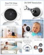 ARENTI Baby Monitor with 2 Cameras, 2K/3MP WiFi 6 Camera and Audio, 5-inch Wireless Screen, Smartphone App, Super Night Vision, Crying Detection, Auto Tracking, Temp&Humidity Sensor (D3 Set) - Image 3