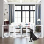 PAWLAND 144-inch Extra Wide 30-inches Tall Dog gate with Door Walk Through, Freestanding Wire Pet Gate for The House, Doorway, Stairs, Pet Puppy Safety Fence, Support Feet Included, White,6 Panels - Image 4