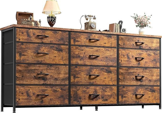 91IKu4jGpcL._AC_SX679_.jpg Romorgniz 55″ Dresser for Bedroom with 12 Fabric Drawers, Entertainment Center for 60 inch TV Dressers & Chests of Drawers Large Organizer, Living Room, Metal Frame, Wood Top, Rustic Brown - Image 1