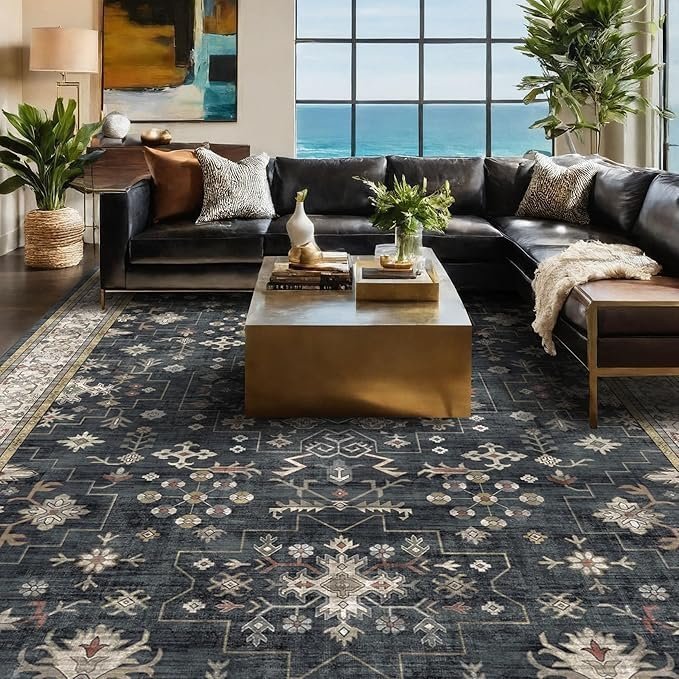 91Xv-MamL._AC_SX679_.jpg Black Farmhouse Washable 8×10 Area Rugs for Living Room, Bedroom, Dining Room Kitchen Table Rug for Under Table, Office, Dark Charcoal Tumble Stain Resistant Non-Slip Large Washable (8×10 Black/Multi) - Image 1