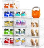 12 Pack Clear Shoe Storage Organizer with Magnetic Door,Stackable Plastic Shoe Boxes for Sneakers,Boots,and Heels,Space-Saving Foldable Shoe Rack for Closet,Durable Shoe Cabinet Organizer,White