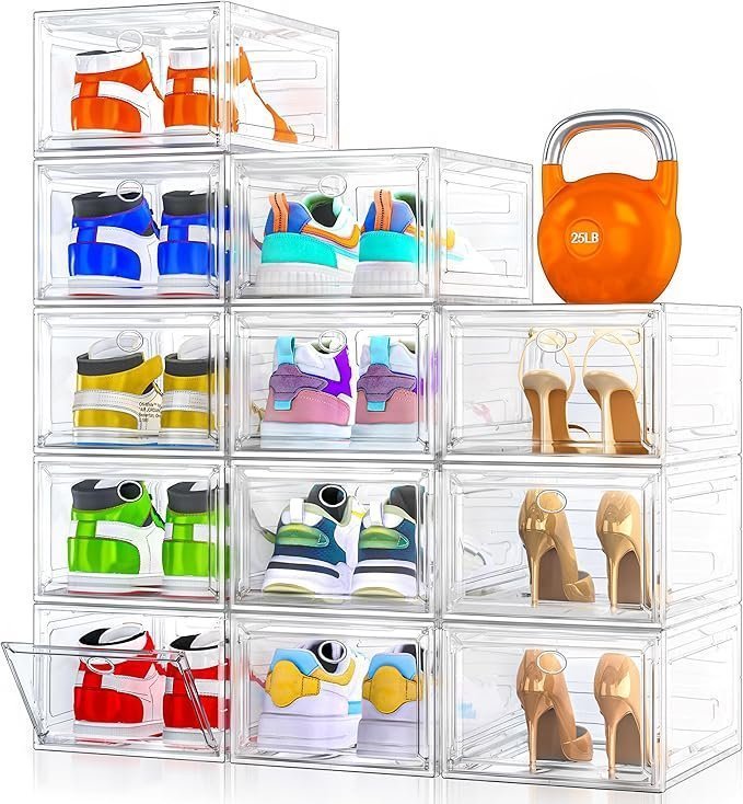 91bZboM8iPL._AC_SX679_.jpg 12 Pack Clear Shoe Storage Organizer with Magnetic Door,Stackable Plastic Shoe Boxes for Sneakers,Boots,and Heels,Space-Saving Foldable Shoe Rack for Closet,Durable Shoe Cabinet Organizer,White - Image 1