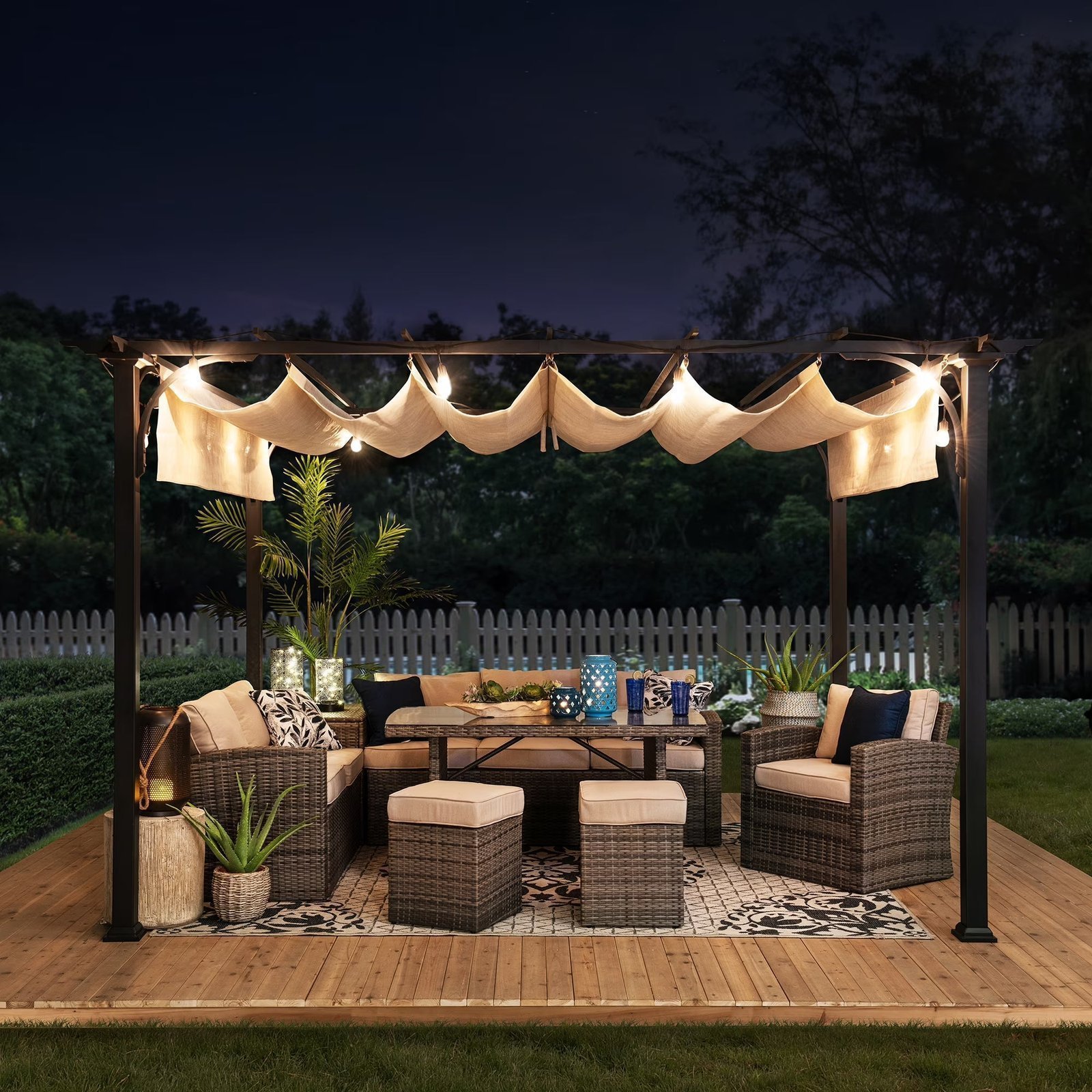 96d84167-86b0-4b0e-9c7b-54c314956c27_3.5281d73f0596f171944de808a5eeacb3.jpg Outdoor Pergola 9 x 12 ft. Patio Black Steel Frame Pergola with Retractable Beige Canopy Shade for Backyard, Garden Activities - Image 1