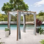 Marlow Pergola with Retractable Curtains and Faux Wood Finish, Grey - Image 5