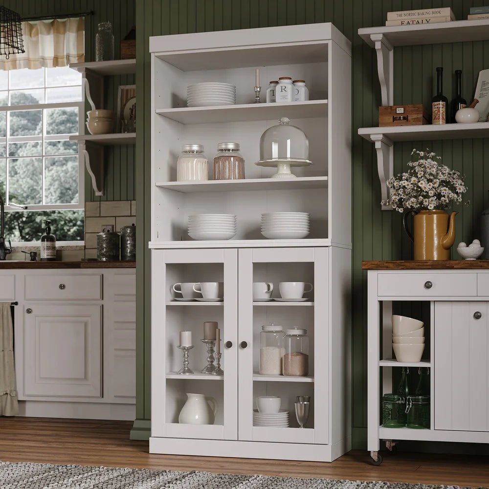 Palace-Imports-100_-Solid-Wood-Pantry-with-Glass-Doors.jpg Solid Wood Tall Pantry Cabinet, 32″ W x 71.5″ H – Sage – Clear Glass - Image 1