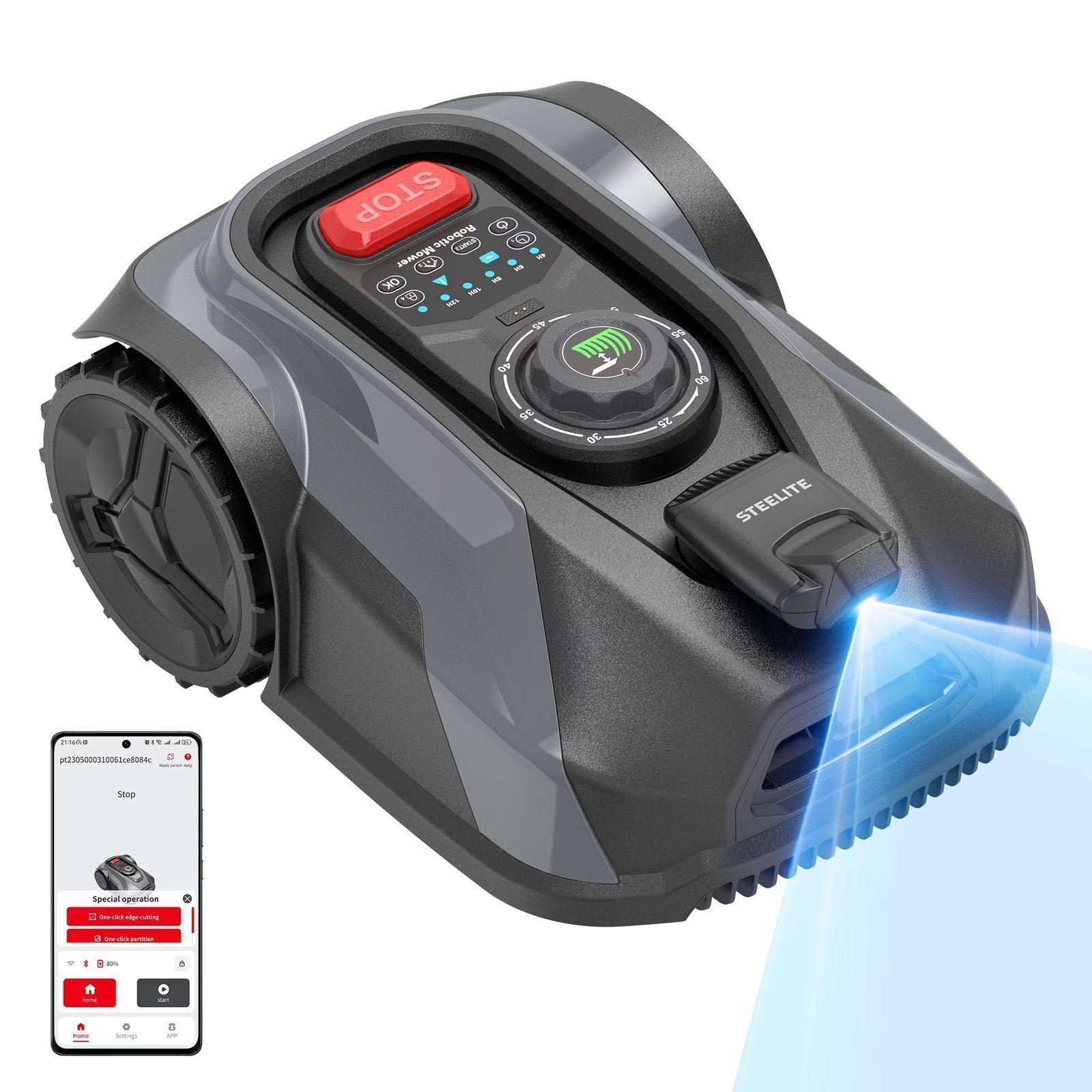 Steelite-20V-4-0Ah-Robot-Lawn-Mower-for-0-25-Acre-1-4-Acre-20-Slope-Auto-Recharge-Cut-to-Edge_0f63d761-6411-4ac3-bd04-fcfe530b45f5.5c952ab40111b800b5ec115b5bb0723a.jpg 20V Robotic Lawn Mower for 1/4 Acre with WiFi, App Control - Image 1