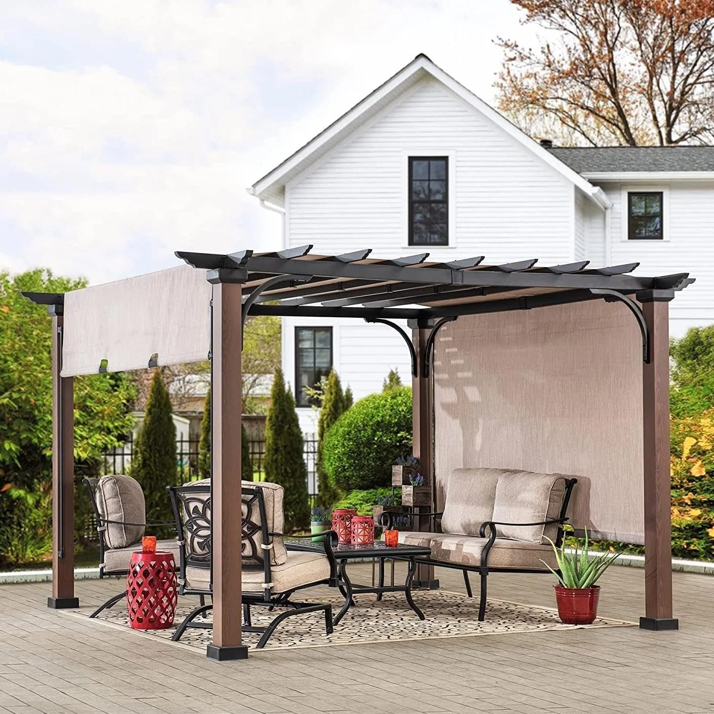 b1-13-1-1.webp Sunjoy 11 x 11 ft Metal Pergola with Adjustable Tan Garden Shades - Image 1