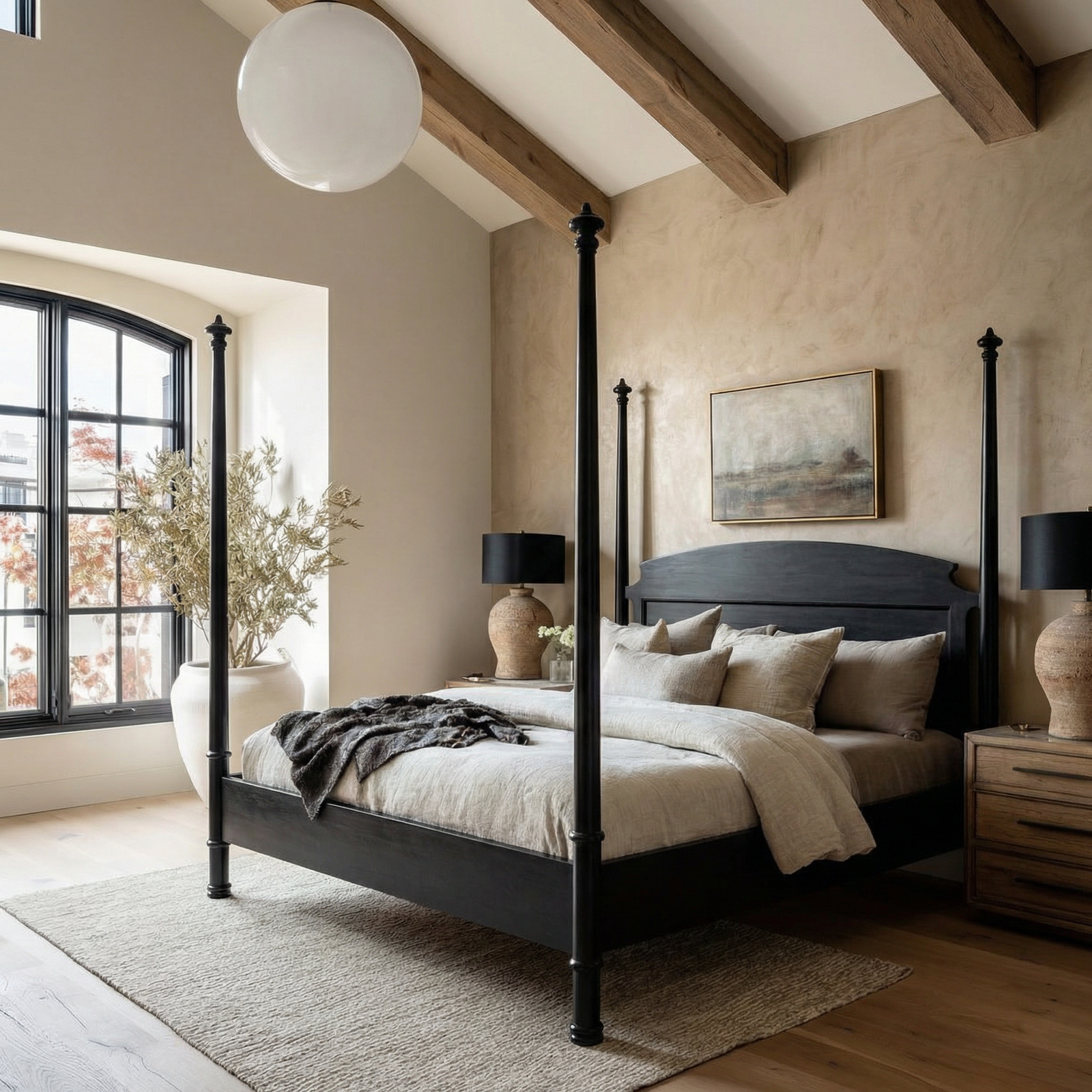 classic-wooden-canopy-bed-with-turned-posts-and-curved-headboard-for-bedroom-1.png Queen Size Bed Frame - Image 1