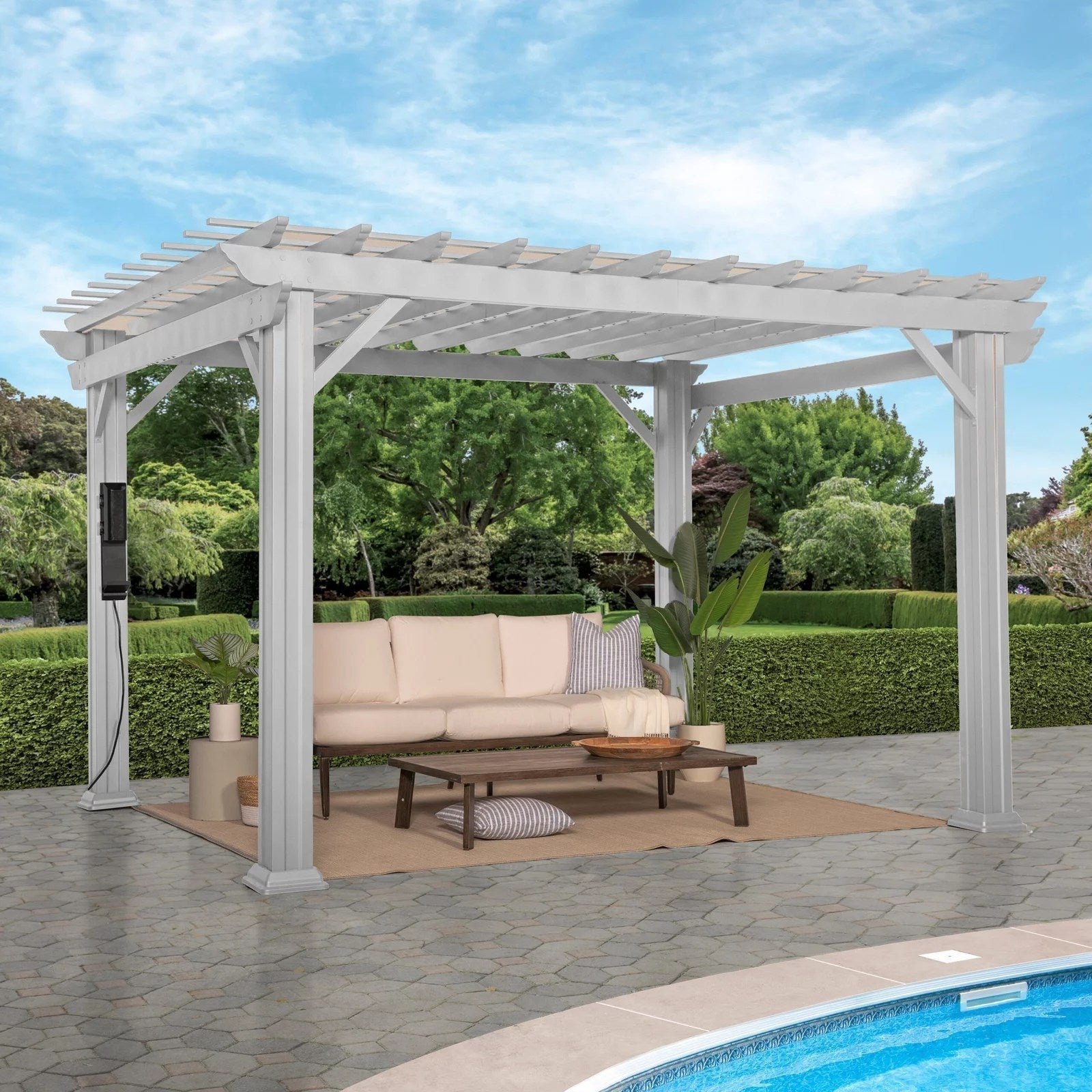 img-1625.jpg Hawthorne Traditional Steel Pergola With Sail Shade Soft Canopy 12×10 - Image 1