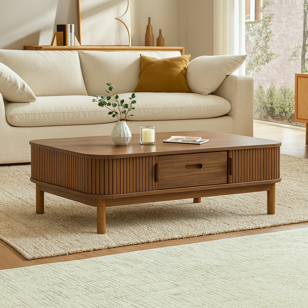 mid-century-fluted-wooden-coffee-table-with-storage-drawer-2.png Wood Coffee Table with Shelf - Image 1