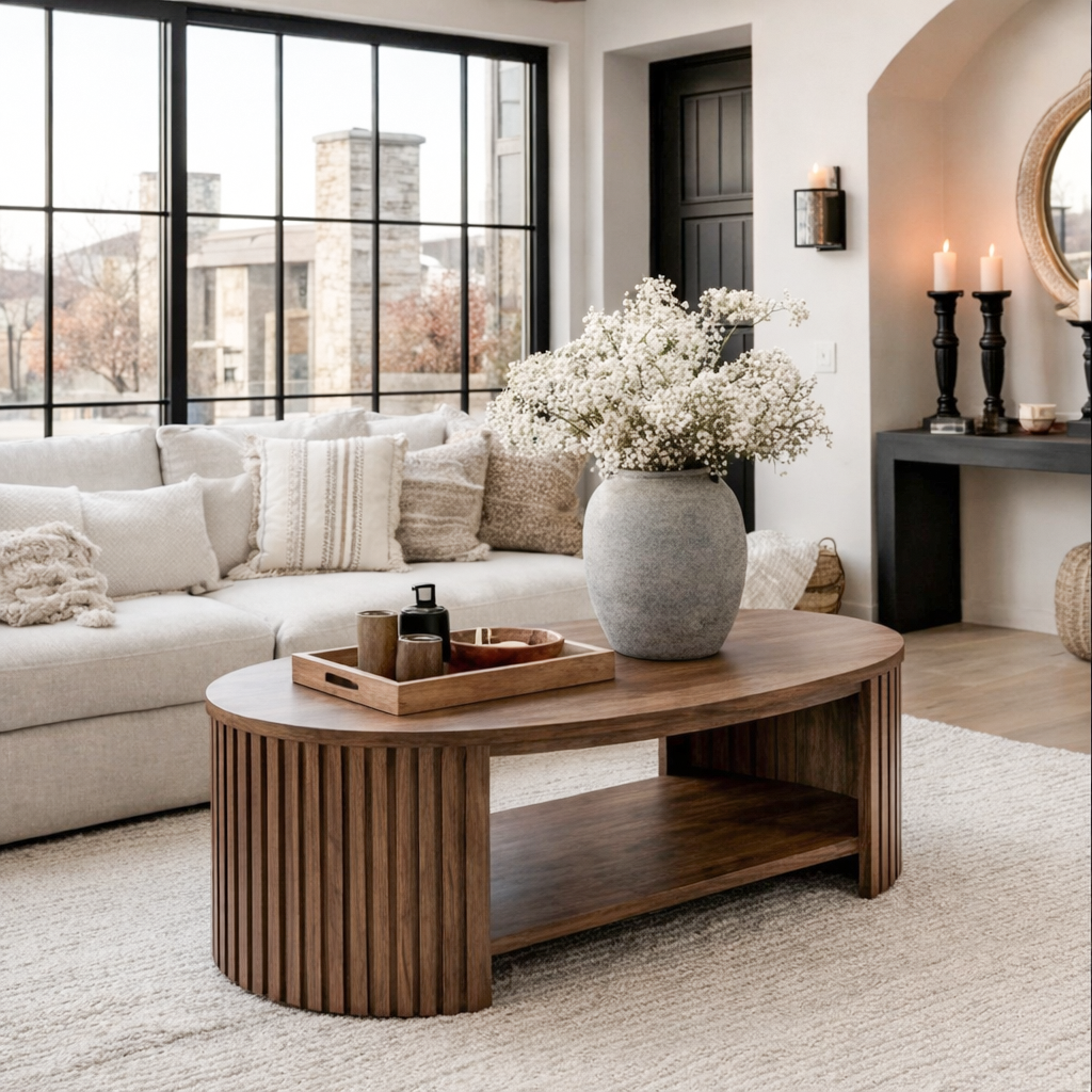 mid-century-natural-wood-oval-coffee-table-with-fluted-base-and-open-shelf-for-living-room-1.png Contemporary Coffee Table - Image 1