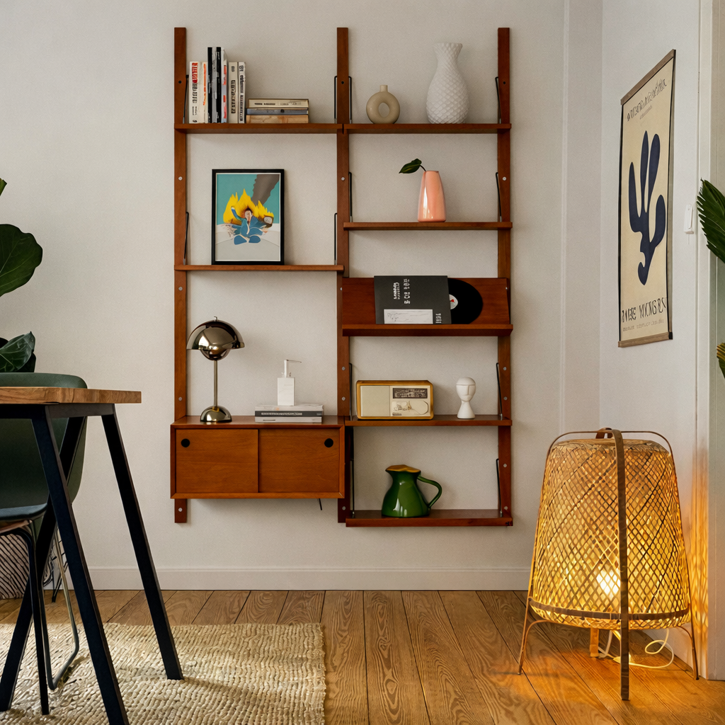 mid-century-wooden-wall-mounted-shelving-system-with-storage-cabinet-for-home-office-1.png Wood Bookcase Shelf Unit - Image 1