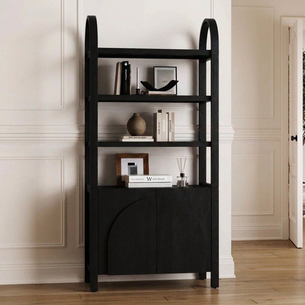 modern-natural-wood-bookshelf-with-open-shelves-and-arched-cabinet-doors-for-office-6.jpg Wide Bookcase Display Unit - Image 1