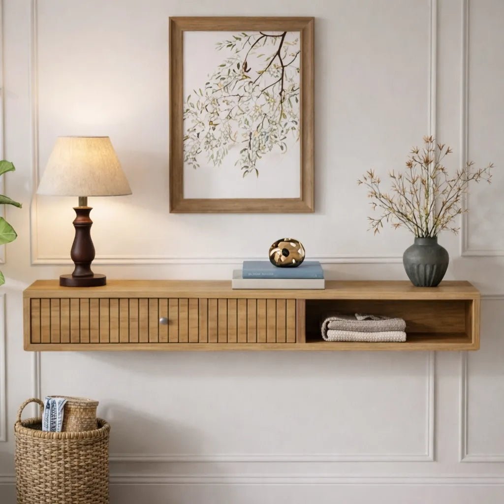 modern-natural-wood-wall-mounted-console-table-with-slatted-drawer-front-and-open-shelf-for-living-room-1.jpg Compact Console Table - Image 1