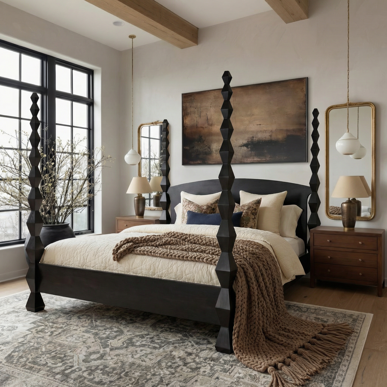 modern-wooden-canopy-bed-with-sculptural-geometric-posts-and-curved-headboard-1.png Low Profile Bed Frame - Image 1