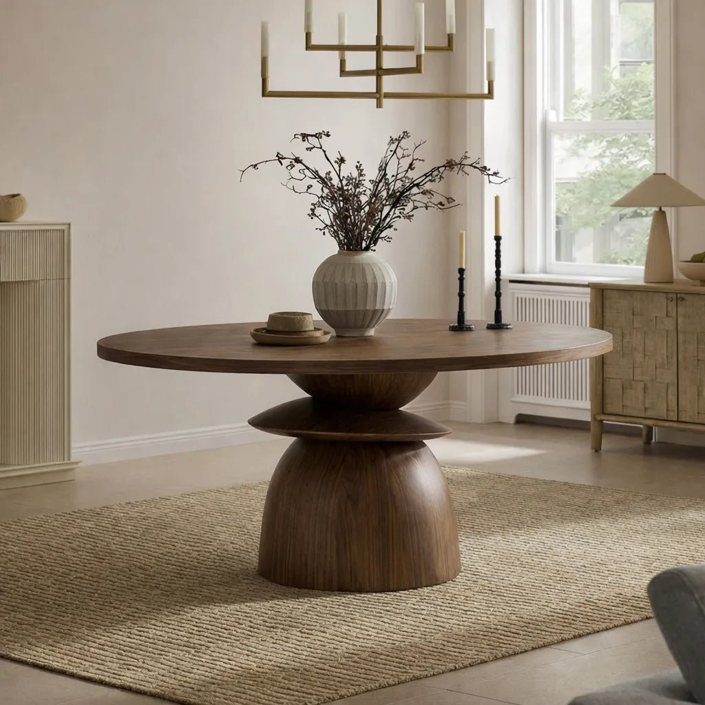 modern-wooden-dining-table-with-round-top-and-sculptural-pedestal-base-for-dining-room-2.jpg Round Dining Table - Image 1
