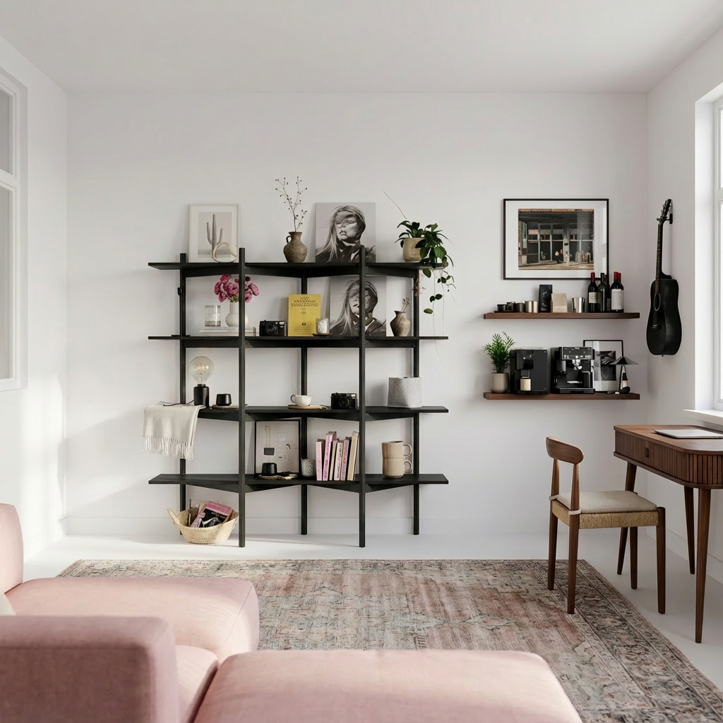 modern-wooden-open-bookshelf-with-asymmetrical-shelves-for-office-5.png Compact Bookcase Organizer - Image 1