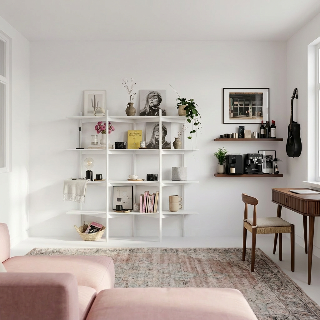 modern-wooden-open-bookshelf-with-asymmetrical-shelves-for-office-6.png Tall Bookcase with Shelves - Image 1