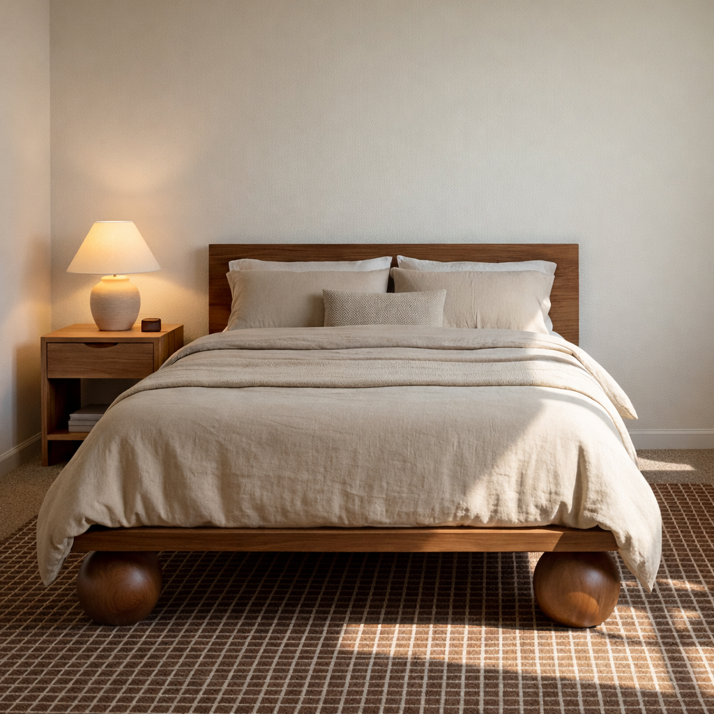 modern-wooden-platform-bed-with-round-ball-legs-and-low-profile-frame-for-bedroom-1.png Wood Platform Bed Frame - Image 1