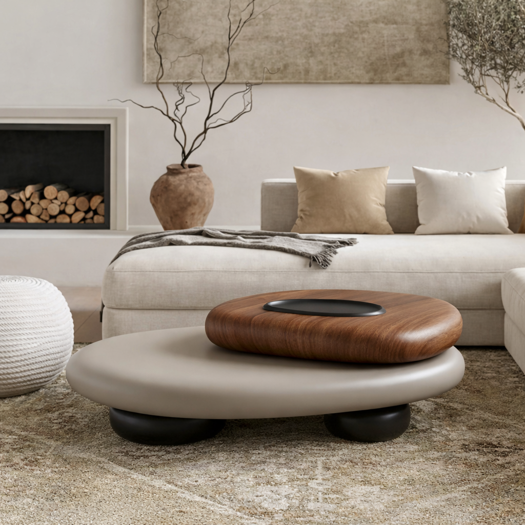 modern-wooden-sculptural-low-coffee-table-with-layered-pebble-top-for-living-room-1.png Modern Coffee Table - Image 1
