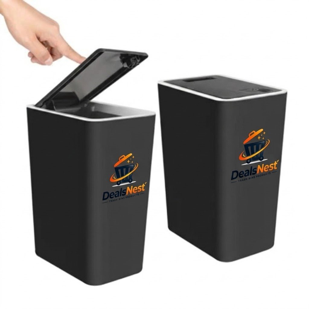 p1.jpg DealsNest Black Rectangular Plastic Waste Basket with Push Button Lid - Image 1