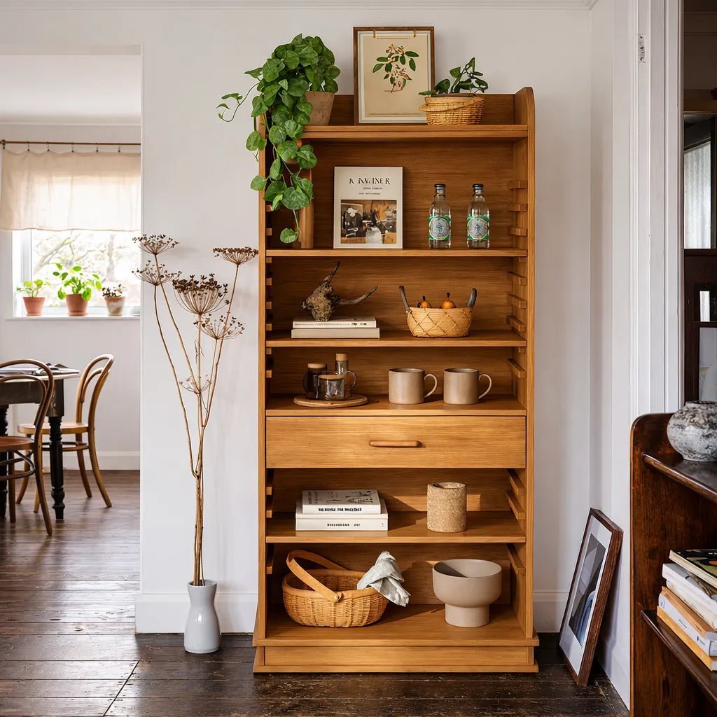scandinavian-natural-wood-sideboard-with-open-shelves-and-center-drawer-for-dining-room-1.jpg Contemporary Dining Table - Image 1